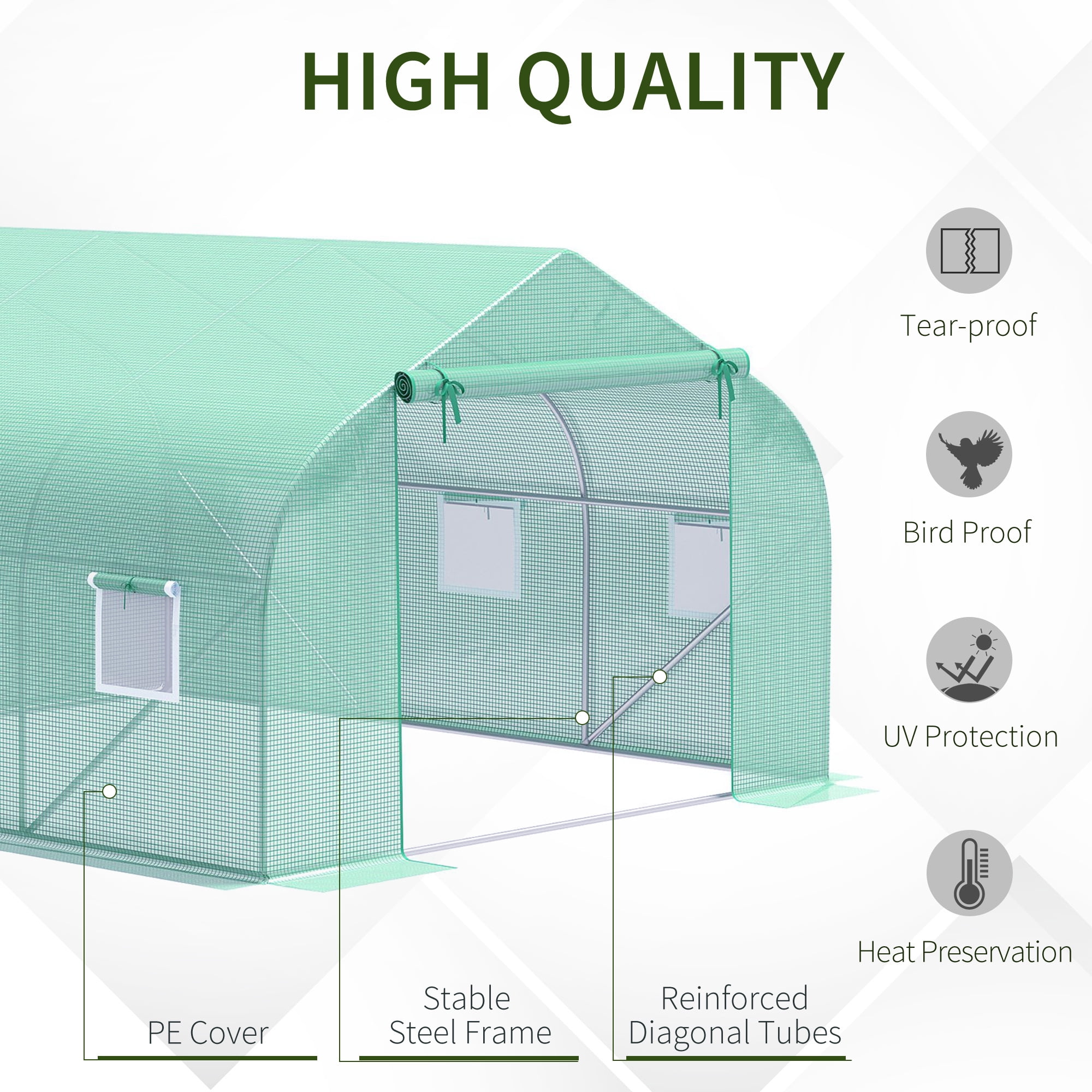 Outdoor Walk-in Greenhouse, Tunnel Green House with Roll-up Windows, Zippered Door, PE Cover, Heavy Duty Steel Frame