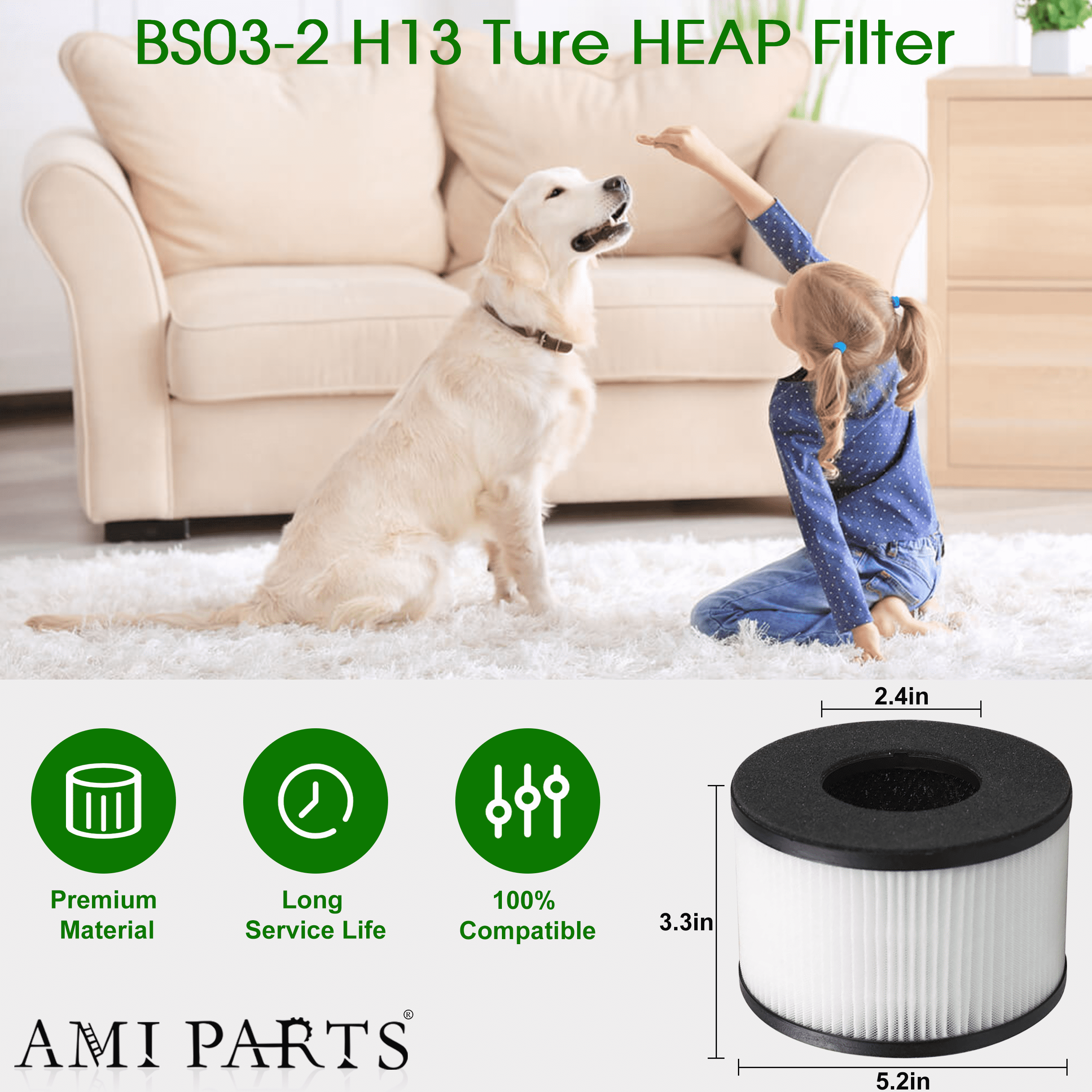 AMI PARTS BS-03 H13 True HEPA Replacement Filter for PARTU BS03 HEPA Air Purifier, 3-in-1 Filtration System