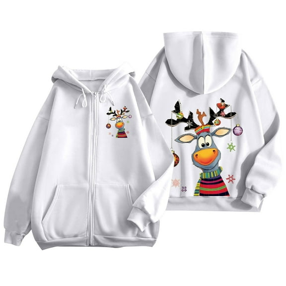 Fiaer Christmas Women Hoodie Full Zip up Reindeer Graphic Xmas Hooded Jackets Oversized Sweatshirts Long Sleeve Drawstring Pocket Tops White XL