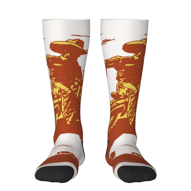 fotbe vintage cowboy on a bronco horse calcetas divertidas estampadas para hombre y mujer, calcetas de algodón hasta la rodilla para caminar, correr, enfermería y embarazo — par de calcetas hasta la rodilla negras con estampado de vaquero montando un bronco en marrón y amarillo; algodón peinado con ventilación de malla, talón y punta reforzados y soporte elástico en el arco; vista frontal centrada, talla única (hombre 5–9, mujer 6–10 MX).