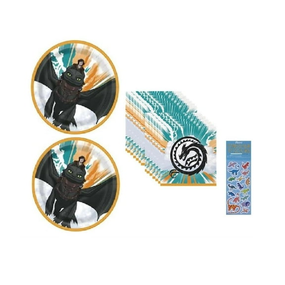 How to Train Your Dragon Birthday Party Supplies Bundle Set includes 16 Dessert Cake Plates 7", 16 Paper Napkins, 1 Dinosaur Sticker Sheet