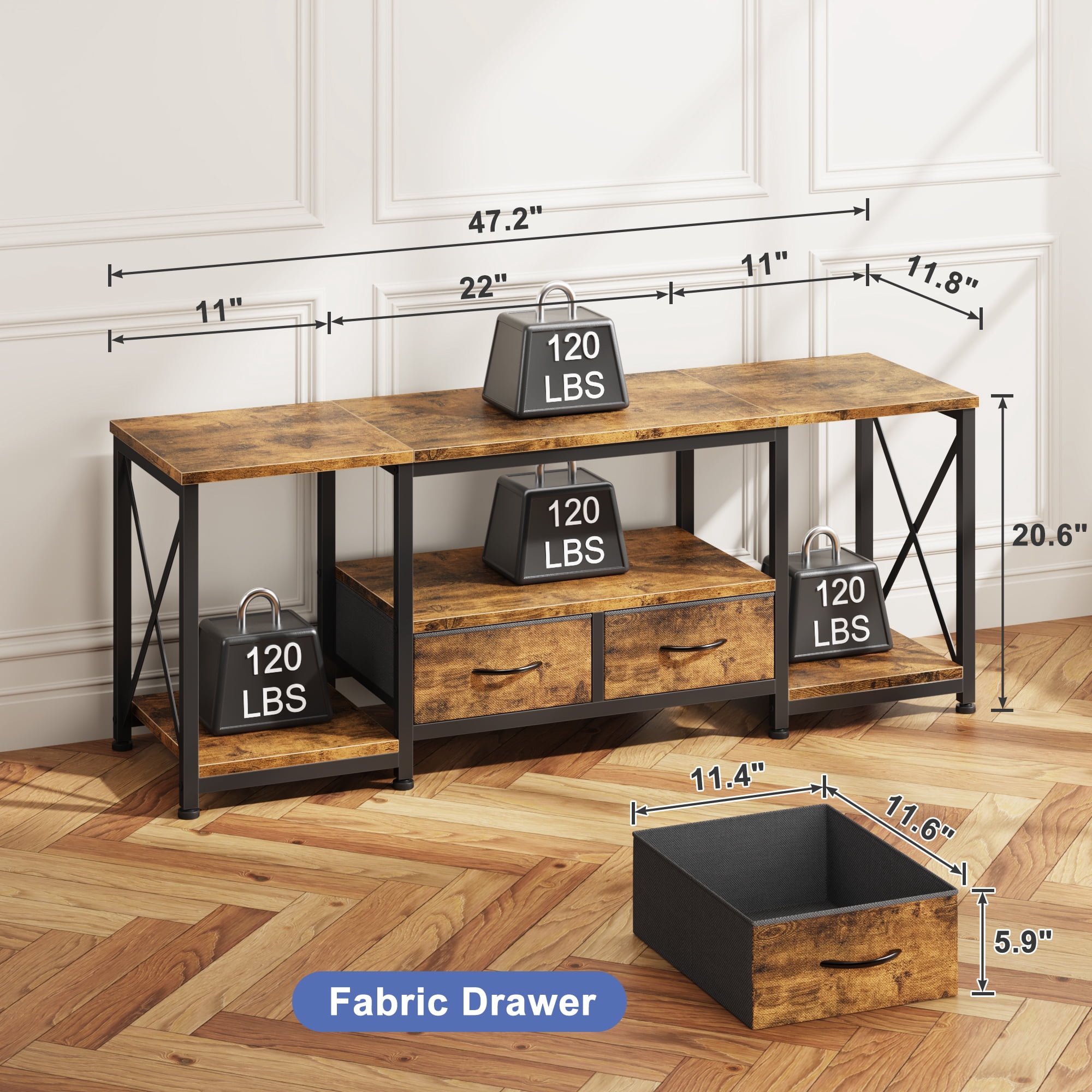 HIGDBFE TV Stand for TVs up to 55" with 2 Fabric Drawers, Industrial Entertainment Center with Open Shelves and Led Lights for Living Room Bedroom, Rustic Brown