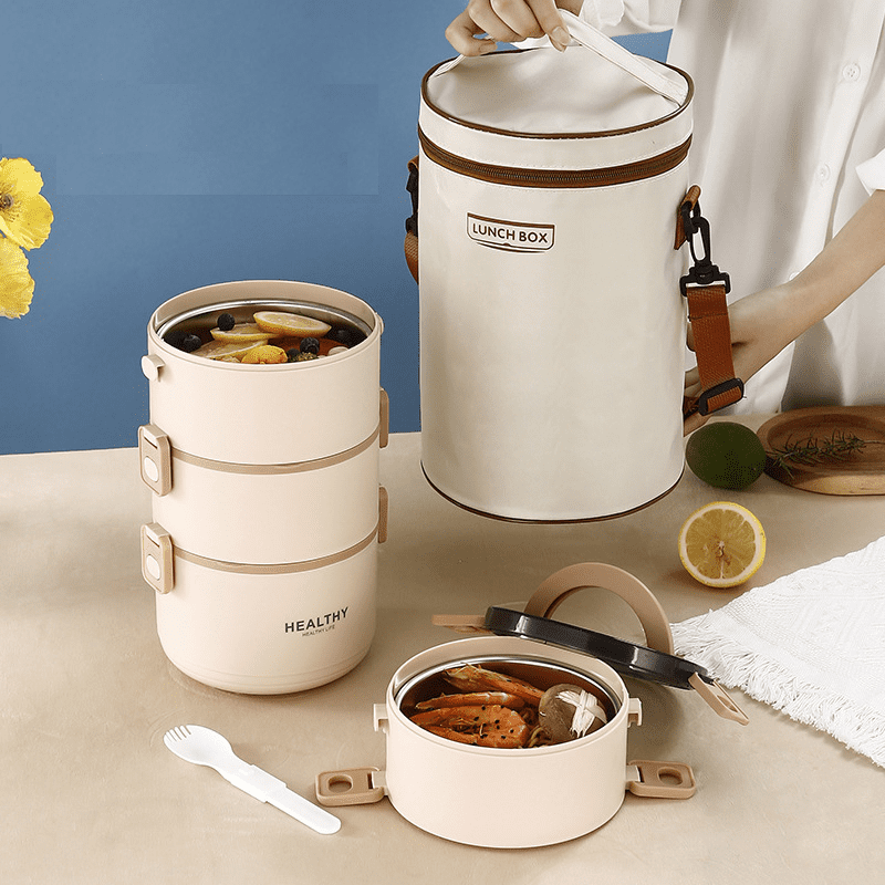 Insulated Lunch Box, 304 Stainless Steel Insulated Lunch Box, 4-Tier 2800ml Large Capacity Divided Lunch Box, Multi-Layer Portable Lunch Container, Office Worker & Student Lunch Box, Khaki