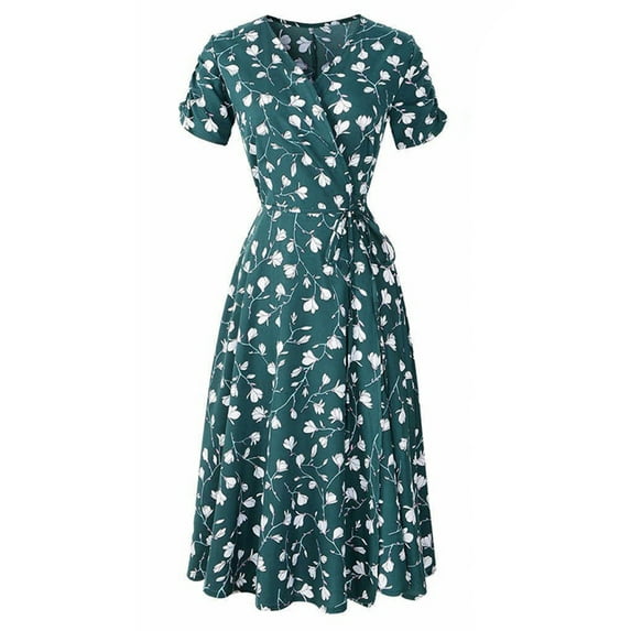 Frontwalk Women Summer Dresses Floral Print Midi Dress V Neck Summer Beach Sundress Green XXL