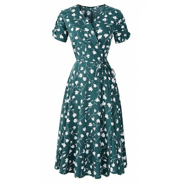 Daeful Robes Midi Manches Courtes Longue Robe Imprimé Floral Été Plage Robe d'Été Dames Décontractée Bohème Col en V Vert TTG
