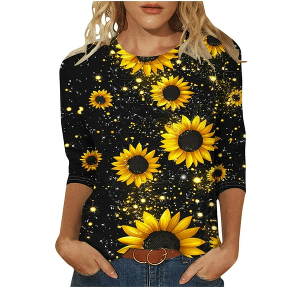 CYMMPU Business Work Blouses Fashion Tunic Tops Floral Printed 3/4 Length Sleeve Basic Tees Summer Fall Vintage Shirts Crewneck 2025 Clothes for Women Black M