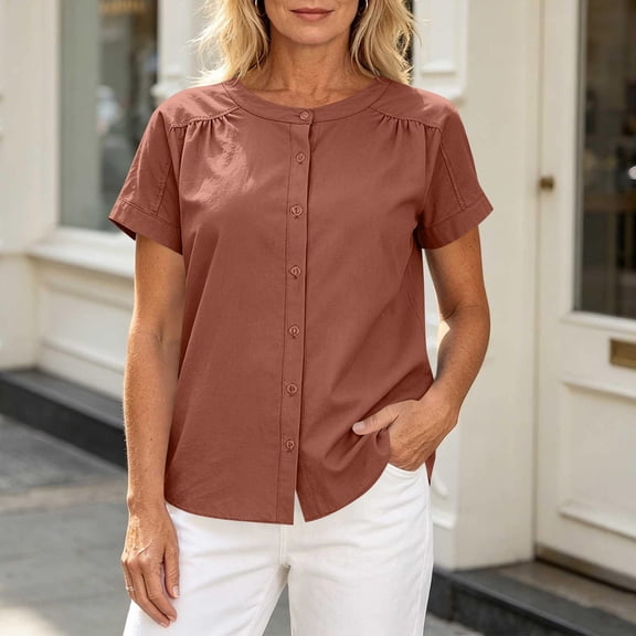 Karymi Womens Tops Solid Crew Neck Short Sleeve Button Down Blouse, Raglan Pleated Shoulder Casual Shirt, Lightweight Pullover Top Cute Tops for Women