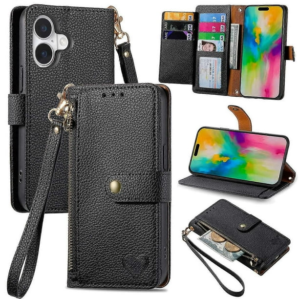 For iPhone 16 Plus Case RFID Blocking Zipper Pocket Leather Wallet Phone Cover - Black
