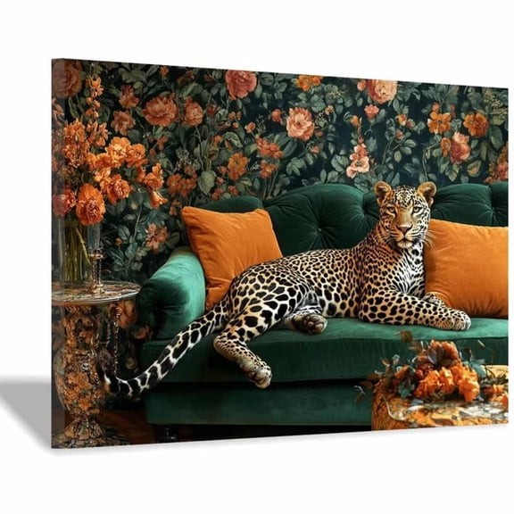 Mudket Framed Leopard on Green Velvet Sofa Canvas Wall Art, Leopard Print Living Room Wall Decor, Floral Animal Wall Art Ready to Hang - 12"L x 8"W