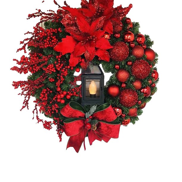 Grandes coronas navideñas artificiales para puerta de entrada, coronas navideñas con lazo, lámpara de aceite LED a batería, guirnaldas de invierno, bolas navideñas de césped artificial de frutos