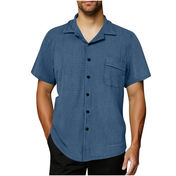 Blusa y camisa de manga corta con cuello vuelto para hombre, estilo casual de verano, a la moda, de color liso, con bolsillos y botones