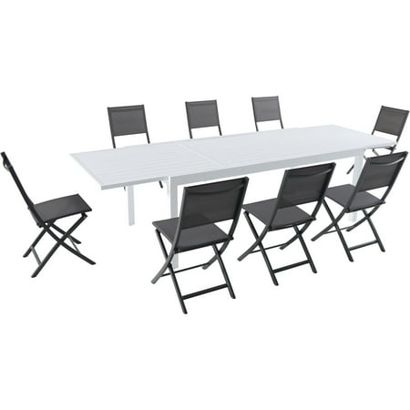 Hanover Del Mar 9-Piece Outdoor Dining Set with 8 Folding Sling Chairs in Gray and a White 40" x 118" Expandable Dining Table