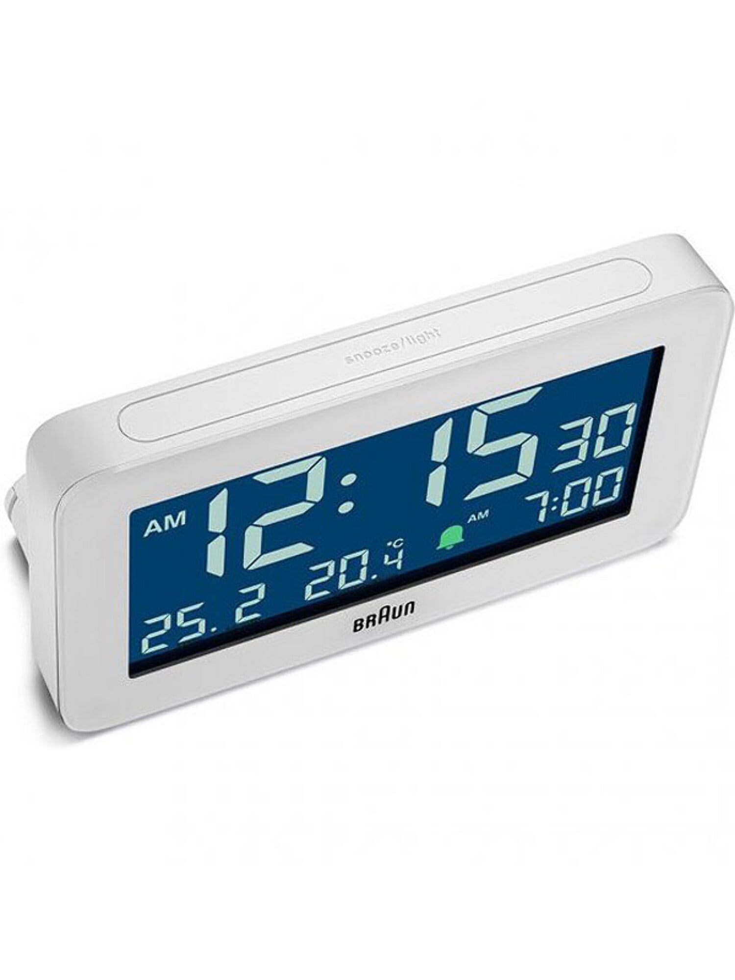 Braun Digital Alarm Clock with Date, Month and Temperature Displayed, Negative LCD Display, Quick Set, Crescendo Beep Alarm in White, model BC10W.