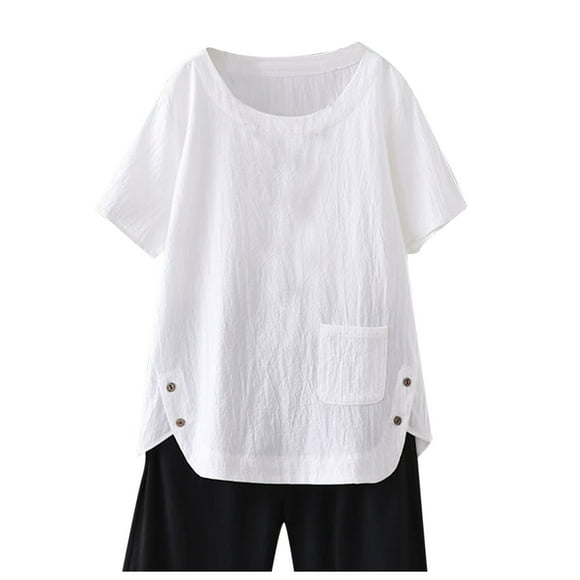 wendunide Shirts For Women Women Casual Solid Linen Button Short Sleeve Pocket Shirt Blouse Loose Top White XXXL