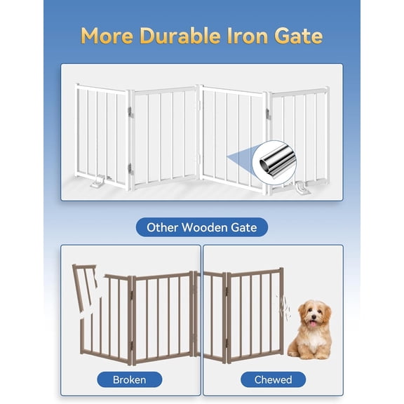 Free Standing Dog Gate, 16.5" High Short Pet Gate for Stairs and Doorways, Up to 48" Wide Foldable Puppy Fence, Indoor & Outdoor Use, No Drilling and No Assembly, for Small & Toy Dogs, White