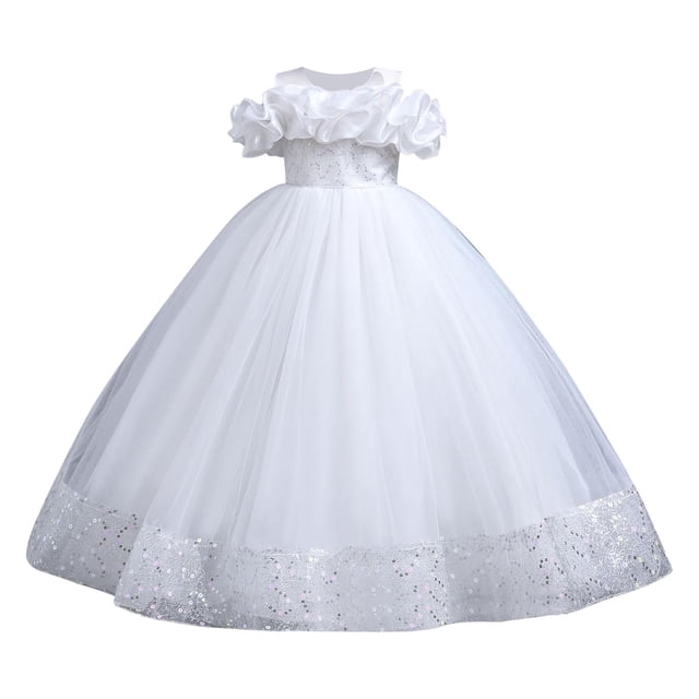 MeetoTime Girls Princess Dress Sleeveless Ruffled Lace Round-Neck Embroidery Mesh Performance Dresses 7-13 Years Children Clothes