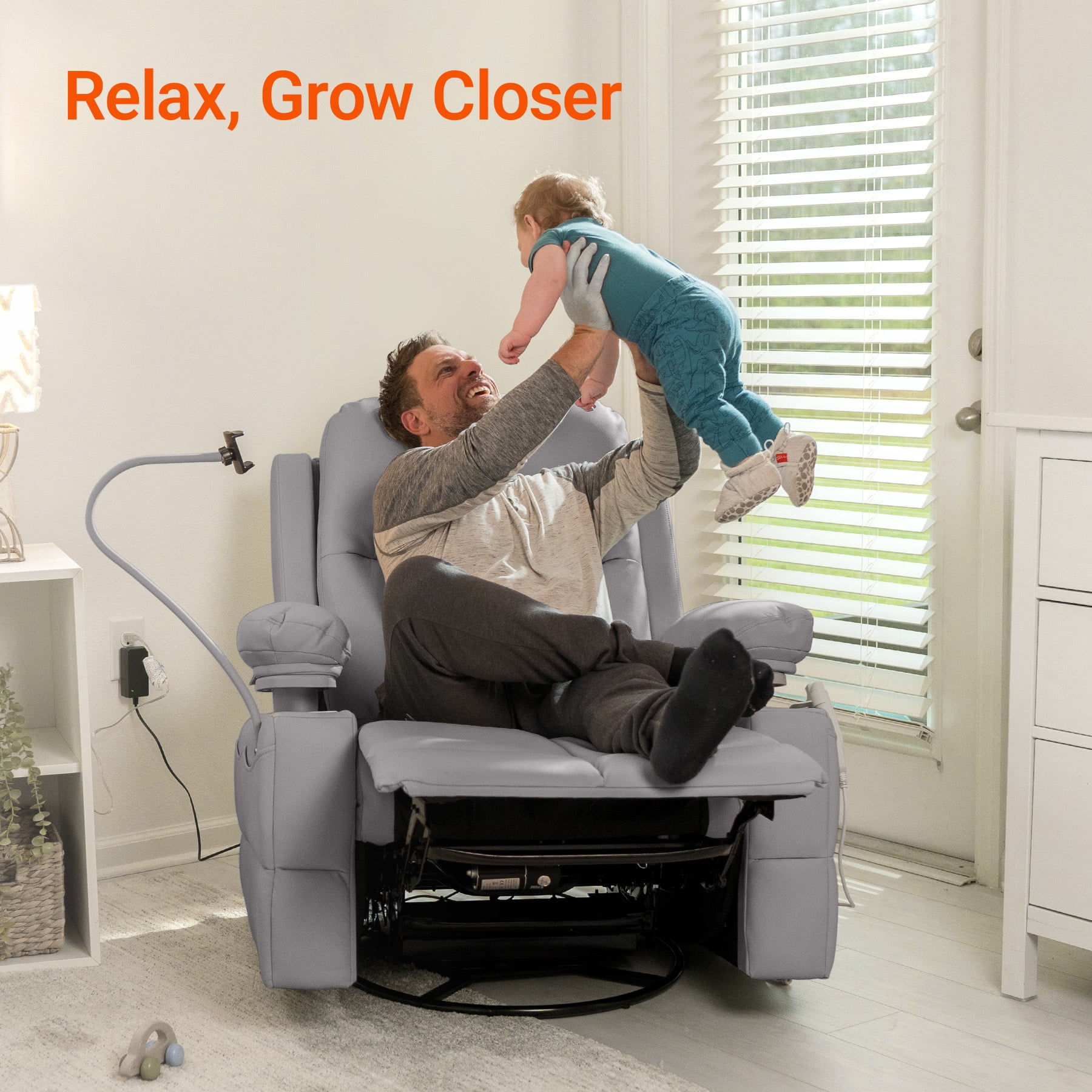MAMAZING Nursery Rocking Chair Swivel Glider Oversized Recliner with Pockets Electric Power Baby Nursing Chair Gray