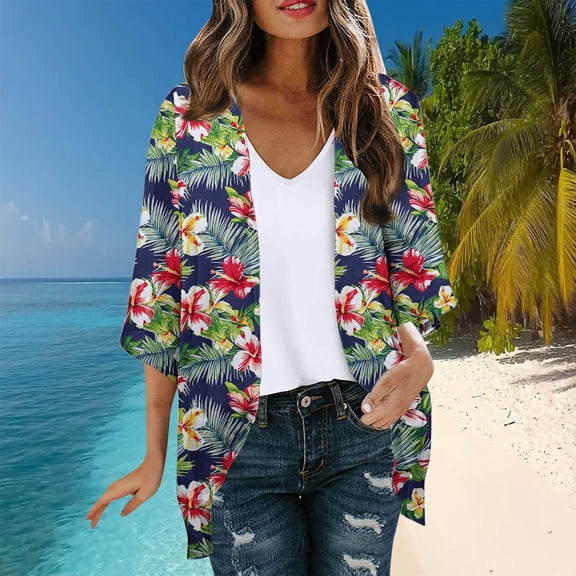 Drovellove Women's Casual Chiffon Long Sleeve Cardigan | Lightweight Hawaiian Print Beach Cover Up Top for Vacation, Summer Travel, or Relaxed Weekend Outings