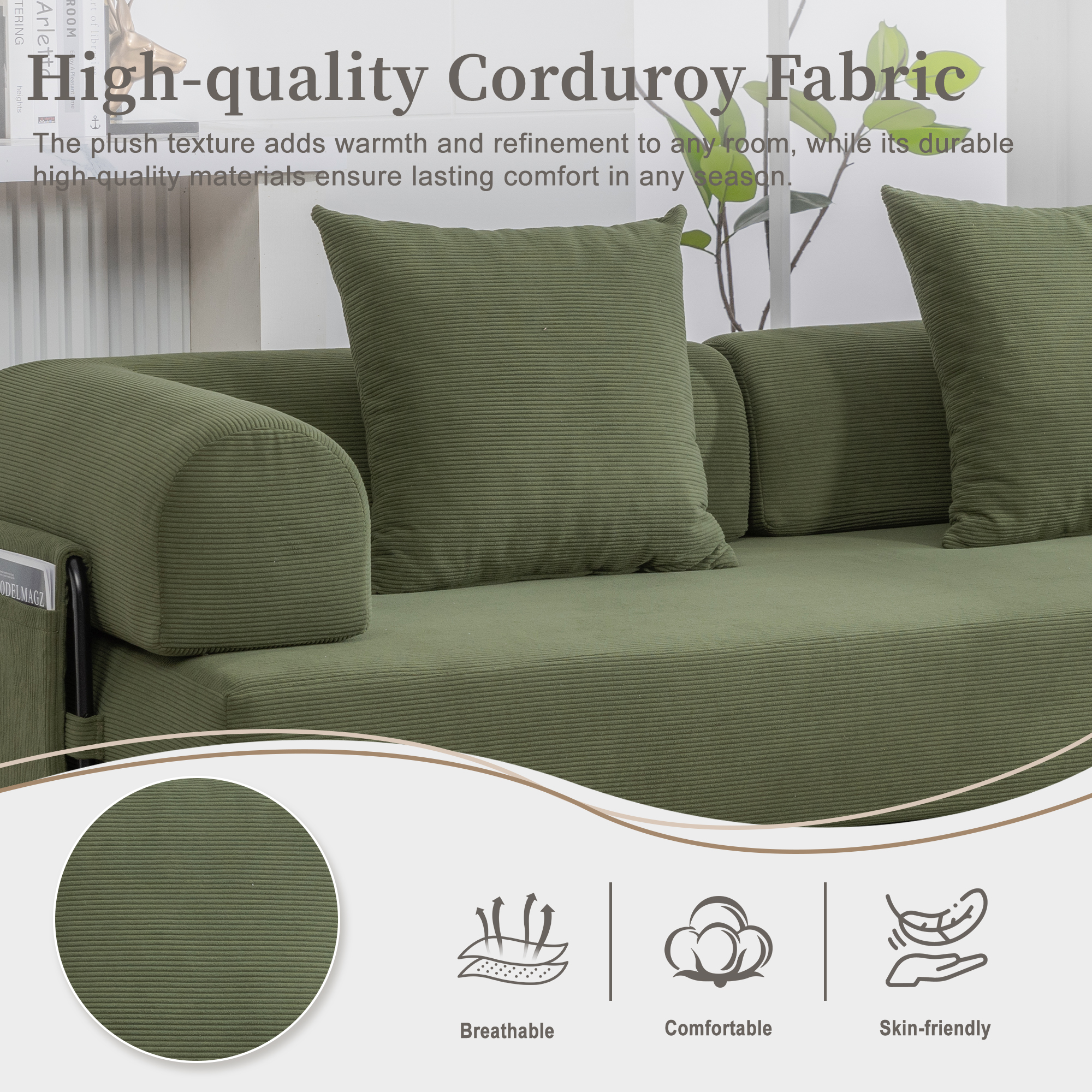 MOONMISS Corduroy Upholstered Modern Comfort Foldable Compressible Sofa Bed with Sturdy Metal Frame-Olive Green