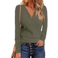 thumbnail image 1 of Blusa acanalada con cuello en V para mujer, manga larga, con botones frontales, informal, ajustada, para fiesta de trabajo al aire libre, 1 of 7