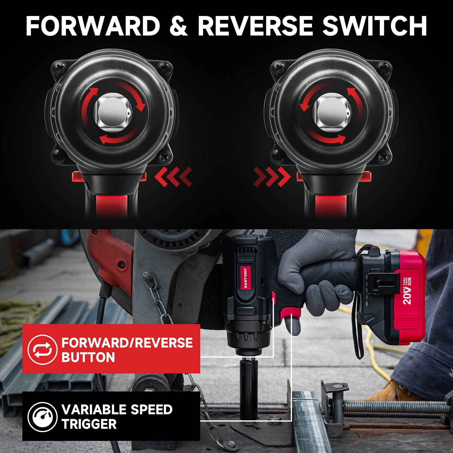 Eastvolt 20V Cordless Impact Wrench 1/2 inch, 370Ft-lbs Torque Brushless Wrench with 4.0Ah Battery, Fast charger, 4Pcs Sockets, Belt Clip and Storage Box, Power Impact Wrench Set for Car and Home