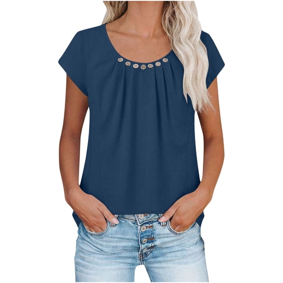 Xdegoge Tunic Tops for Women Short Sleeve Cotton Linen Blouses Casual Scoop Neck Pleated Front Shirts with Button Decor Loose Fit Flowy Summer Spring Everyday Work Wear