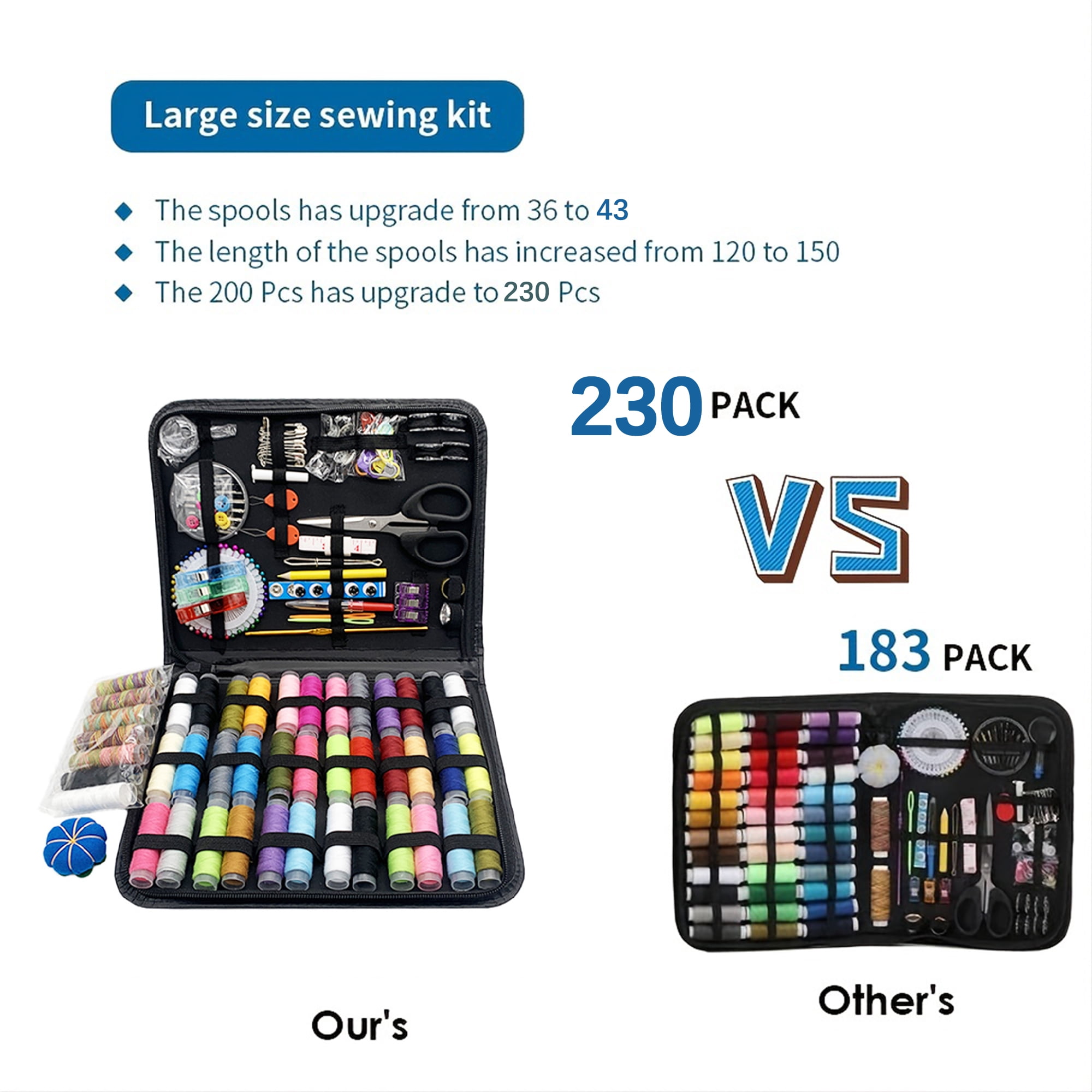 230PCS Sewing Kit, Balomy Sewing Supplies for Home Travel and Emergency, Portable Beginners Travel Thread Stitches Needles Button Set with Cut, Thread Needle Storage Box for DIY （Black）