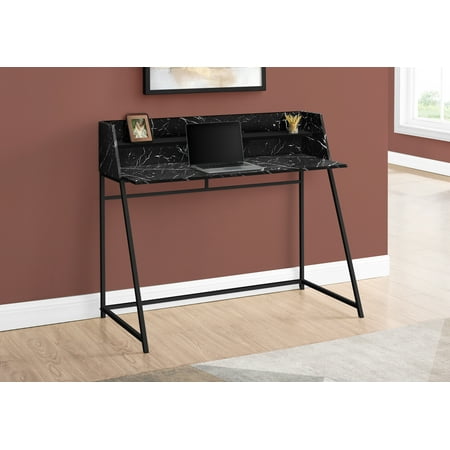 UPC: 0680796072926 | Computer Desk – Small Hutch / 1 Shelf / Trapezoid-Shaped Legs – 48 L – Black Marble-Look / Black
