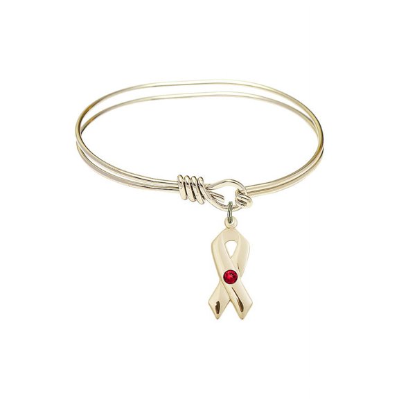 5 3/4 inch Oval Eye Hook Bangle Bracelet w/ Cancer Awareness medal charm w/ July Red Swarovski Crystal