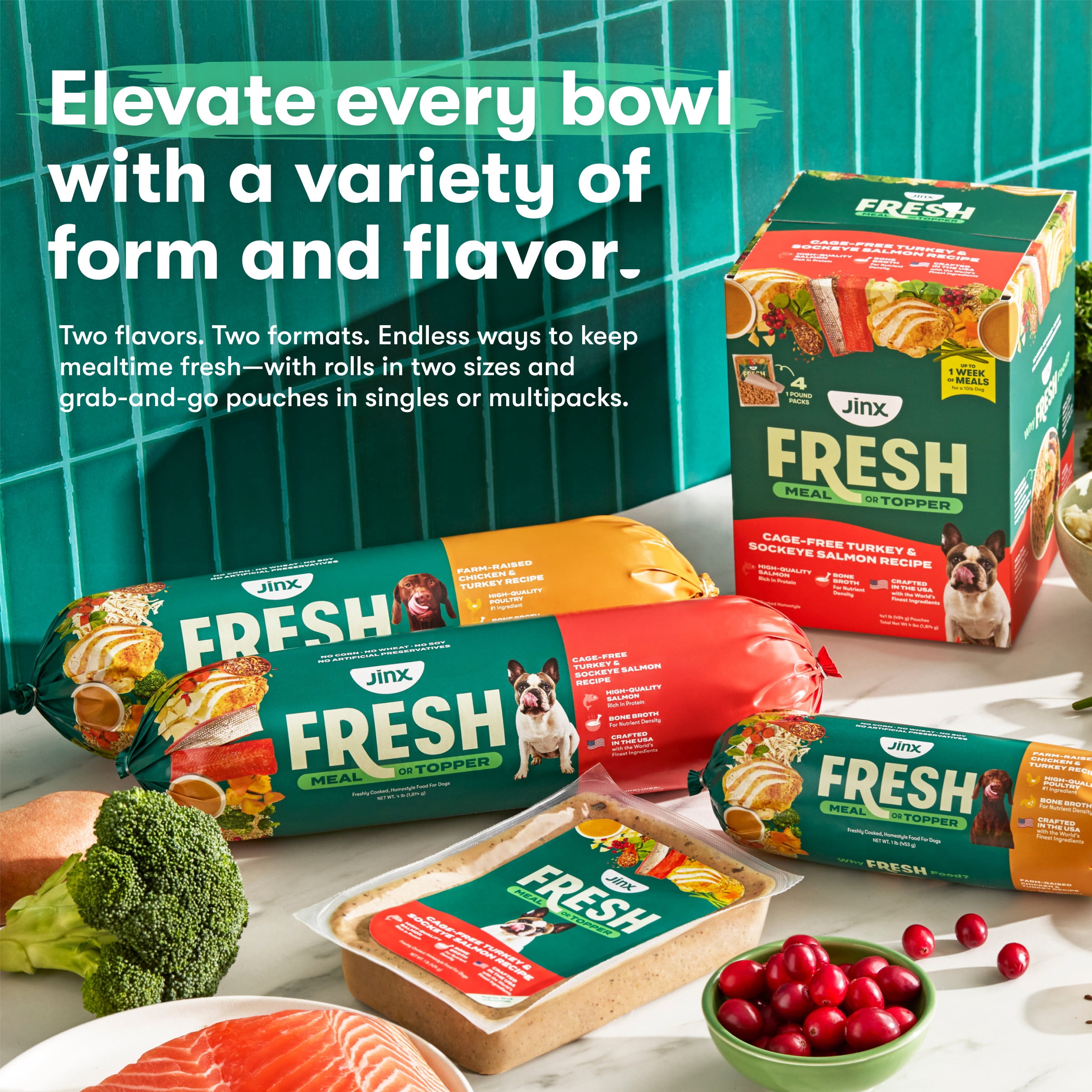 Jinx Fresh Farm-Raised Chicken & Turkey Dog Food Meal or Topper, 4 x 1 lb Pouches