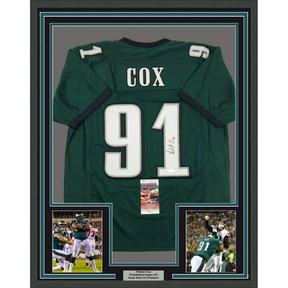 Framed Autographed/Signed Fletcher Cox 35x39 Philadelphia Green Football Jersey JSA COA
