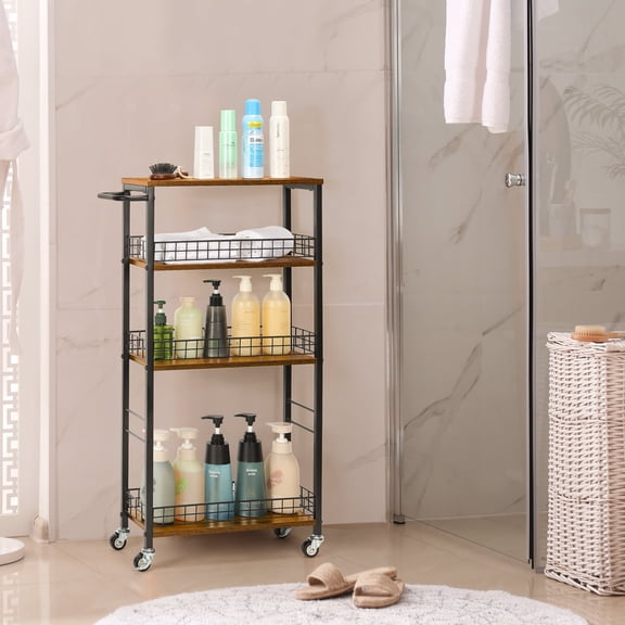 Slim 4-Tier Wood Rolling Cart, Narrow Utility Cart with Wood Shelves & Locking Wheels for Kitchen, Bathroom, Laundry