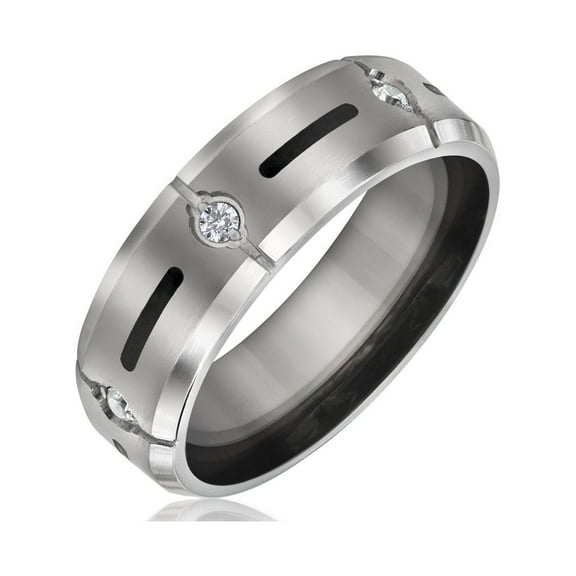 Bling Jewelry Mens Black Inlay Titanium Wedding Band Ring with CZ Accent Silver