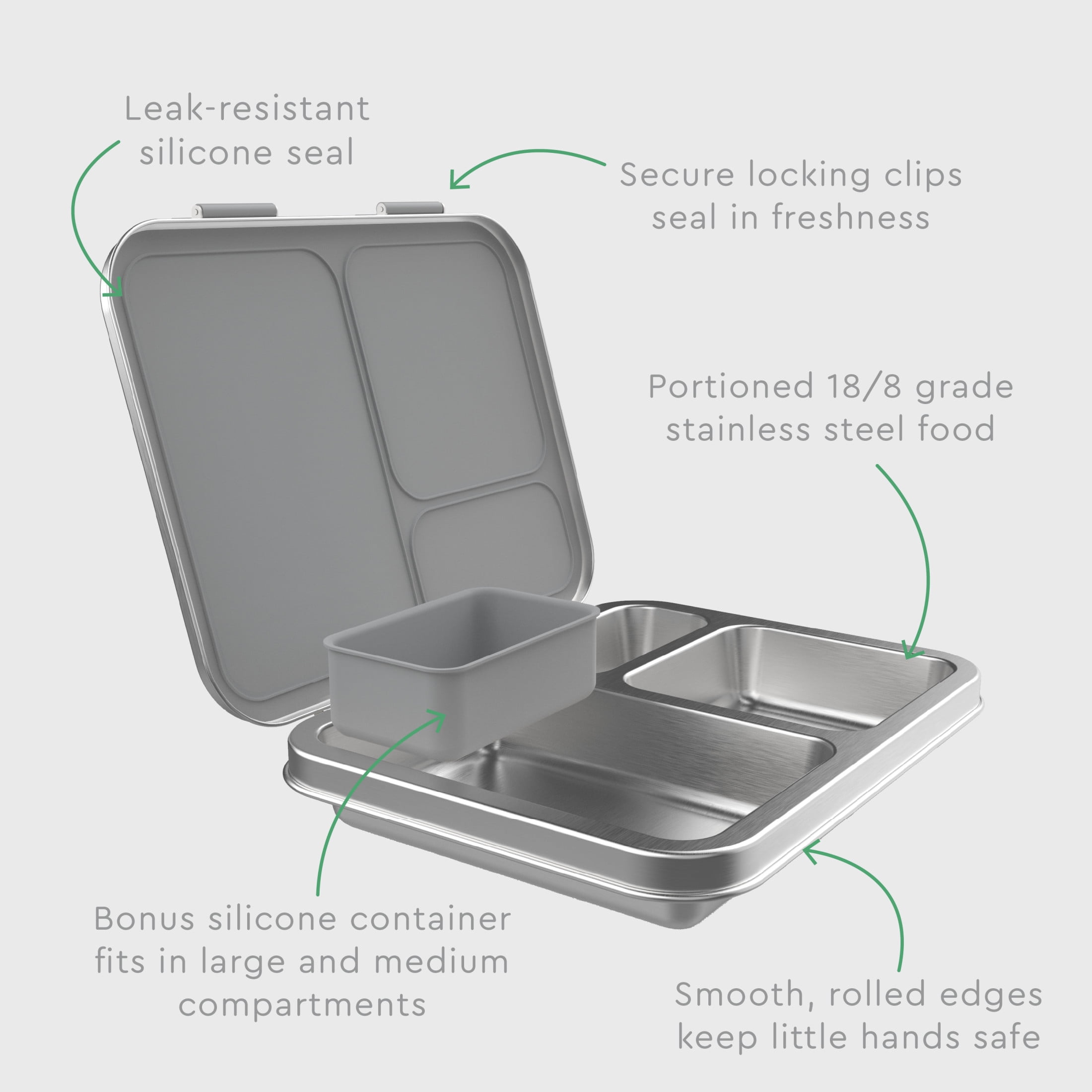 Bentgo Kids Stainless Steel Leak-Resistant Lunch Box - 3-Compartments with Bonus Silicone Container, Durable, Eco-Friendly, Dishwasher Safe, BPA-Free, Ideal for School, Ages 3+ (Silver)