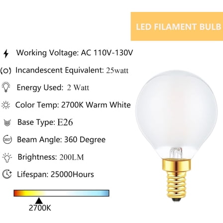 OPVM-E12 Globe LED Bulbs 2W G16.5 Light Bulbs 25 Watt Equivalent, E12 Round Candelabra Bulbs Dimmable 2700K Warm White Frosted Glass, 6 Pack