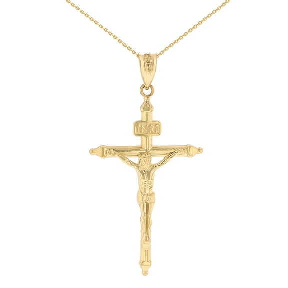 Solid Gold INRI Christ Passion Cross Crucifix Pendant Necklace 1.2" (14K Yellow Gold, Pendant with 20" chain)