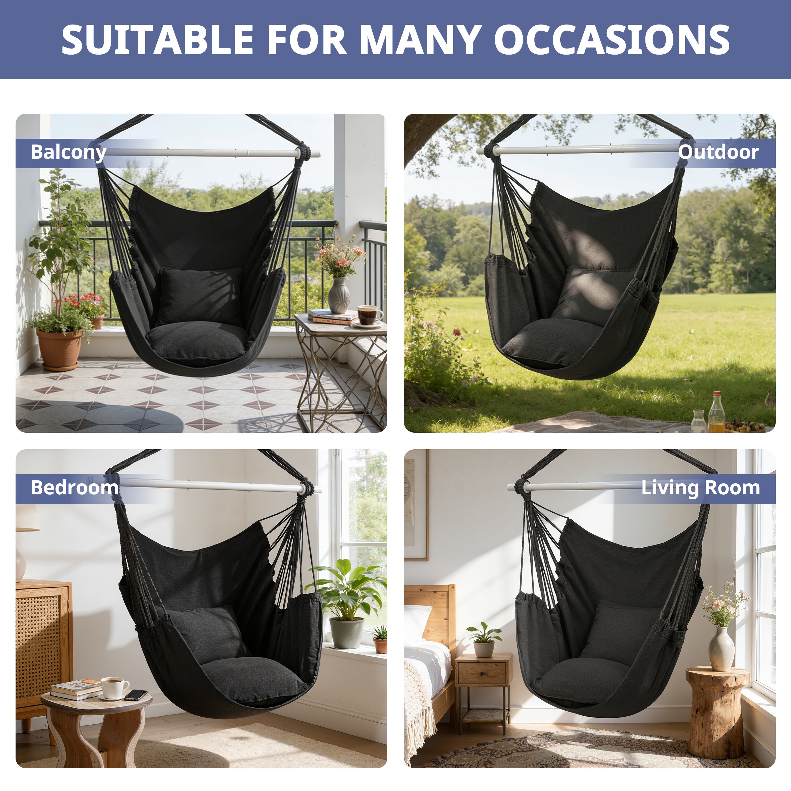 Large Hammock Chair Swing, Relax Hanging Rope Swing Chair with Detachable Metal Support Bar & Two Seat Cushions, Cotton Hammock Chair Swing Seat for Yard Bedroom Patio Porch Indoor Outdoor