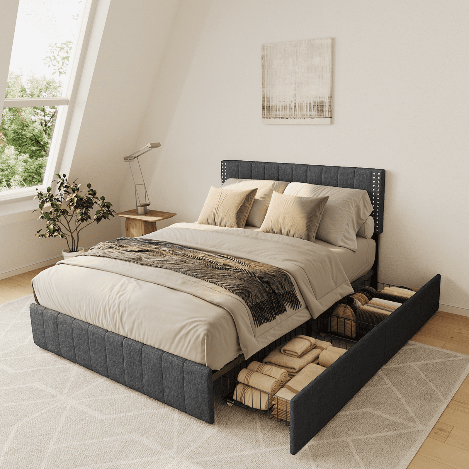 Asofer Full Size Storage Bed Frame w/4 Wheels, Adjustable Headboard & Wood Slats, Dark Gray​