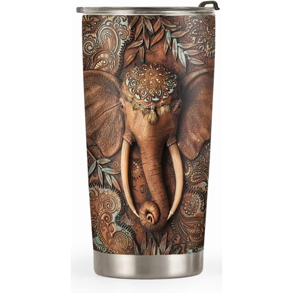20oz Elephant Gifts for Women, Men, Valentines Day Gifts for Her, Him, Couples Gifts, Coffee Thermos for Women, Animal Lovers Wooden Elephant Tumbler Cup, Insulated Travel Coffee Mug with Lid
