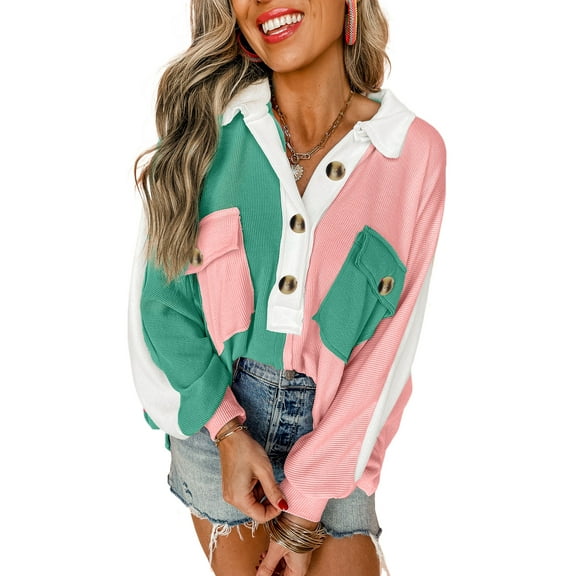 Women's Pink Colorblock Ribbed Oversized Sweatshirt with Buttoned Neckline - [ZhiHiMeRi] | (US 12-14)L