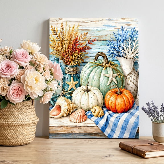 Coastal Fall Canvas Wall Art for Living Room, Summer Coastal Pumpkin Starfish Seashell Coral Poster Print Painting for Bedroom Office Home Decoration Wall Pictures Prepare To Hang 8"x12"