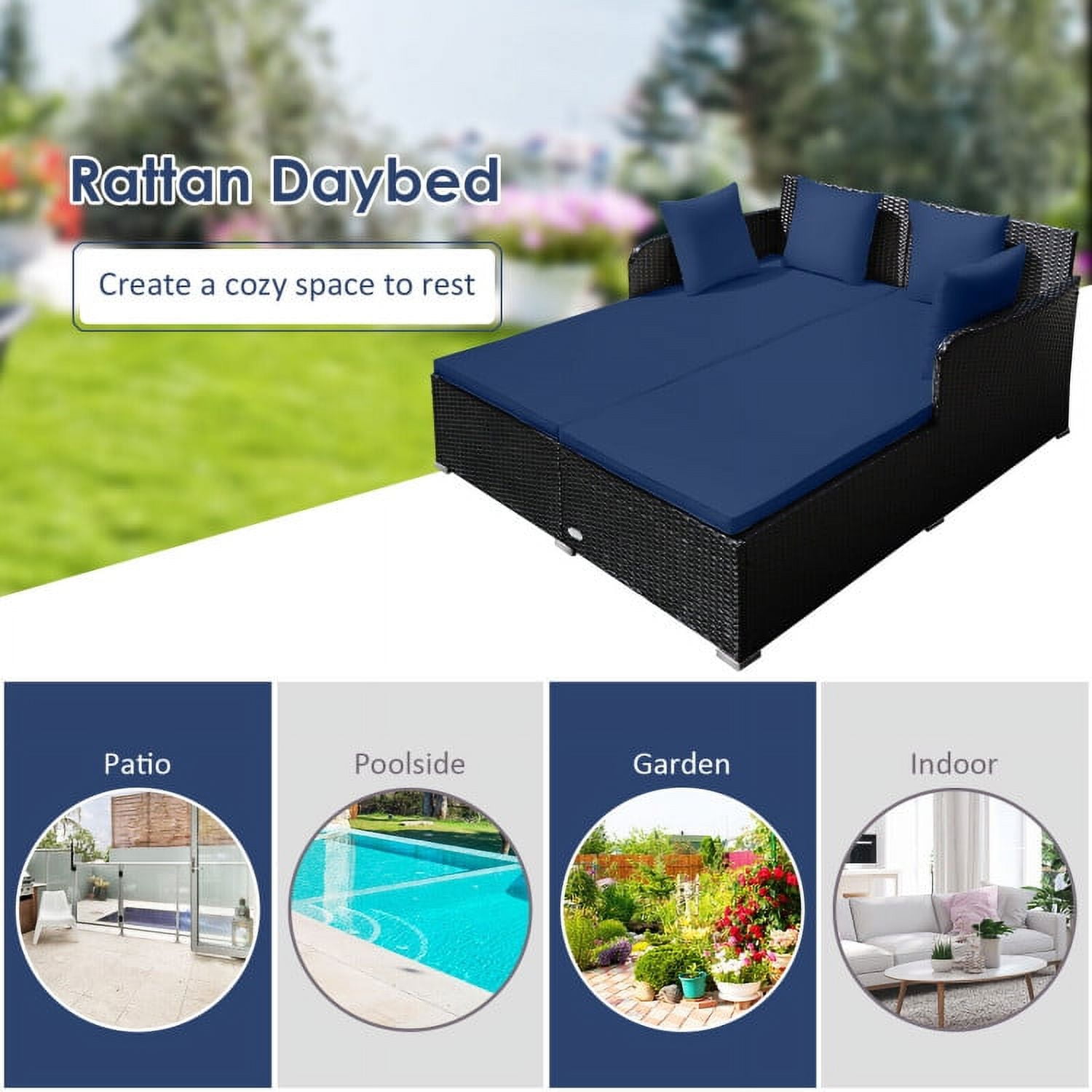 Aimee Lii Spacious Outdoor Rattan Daybed with Upholstered Cushions and Pillows, Outdoor Deck Furniture, Navy Aimee Lii Spacious Outdoor Rattan Daybed with Upholstered Cushions and Pillows, Outdoor Deck Furniture, Navy