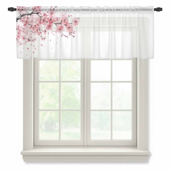Pink Floral Cherry Flower Valance Curtains for Kitchen/Living Room/Bathroom/Bedroom Window, Rod Pocket Small Topper Half Short Window Curtains Voile Sheer Scarf, Abstract Botanical Branch 42"x12"