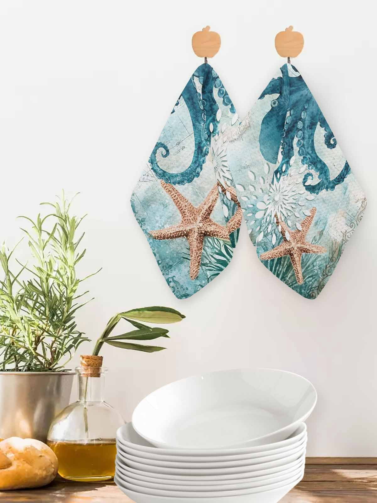 Coastal Octopus Dish Towels Set, Waffle Weave Kitchen Towels 4 Pieces, Teal Nautical Beach Starfish Vintage Microfiber Hair Face Bath Tea Towel Absorbent Quick Drying Cleaning Dish Cloths 12"x12"