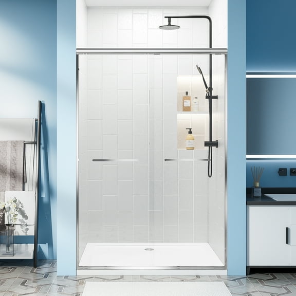 56-60" W x 72" H Semi-Frameless Double Sliding Shower Door, 1/4" Clear Tempered Glass, Chrome Aluminum Frame, Adjustable Bathroom Shower Enclosure