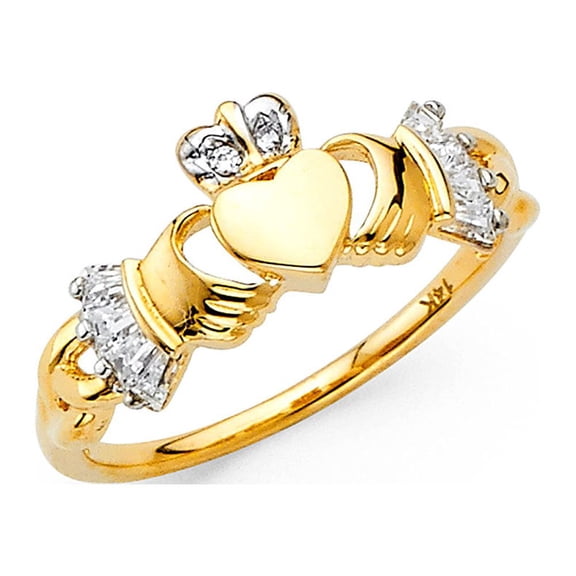Solid 14k Yellow Gold Claddagh Ring CZ Celtic Band Religious Stylish Diamond Cut Polished Fancy Size 10