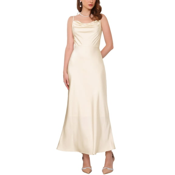 INSPIRE CHIC Women's Dress Satin Spaghetti Strap Cowl Neck Maxi Ruched Dress S Champagne