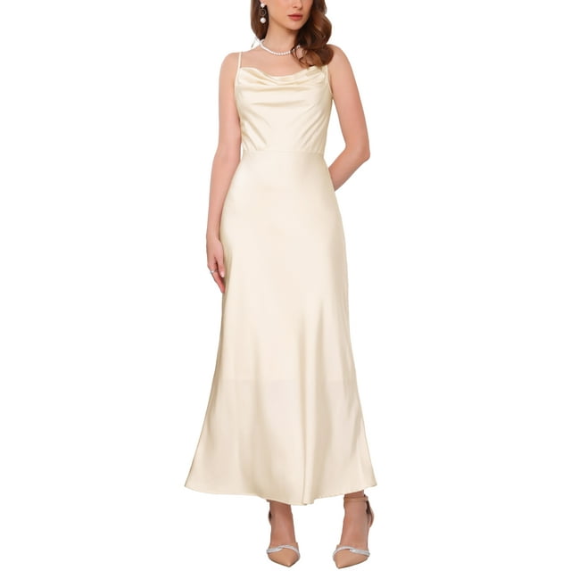 VESTIDO SATINADO DE TIRANTES ESPAGUETI CUELLO COWL MAXI FRUNCIDO S CHAMPAGNE