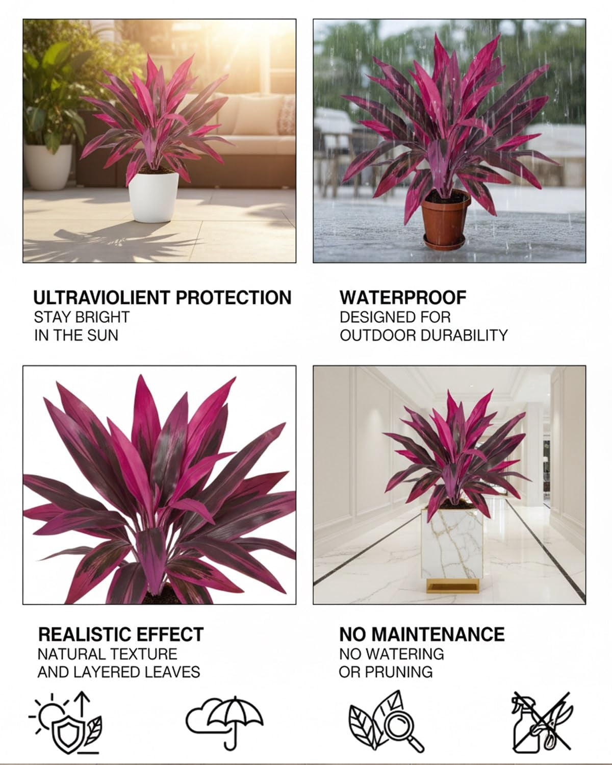 Large Realistic Artificial Boston Fern & Dragon's Blood Tree Plants, UV Resistant Outdoor Fake Plants Set of 2 for Garden Patio Balcony Decor