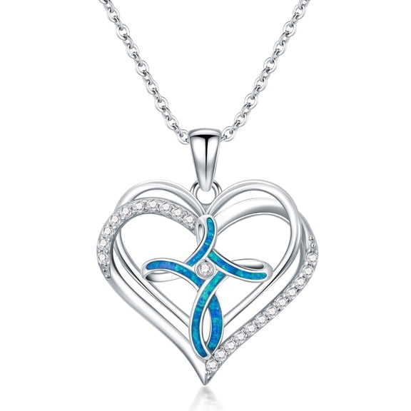 WINNICACA S925 Sterling Silver Cross Necklace Blue Opal Celtic Knot Heart Embrace Faith Inspired Christian Spiritual Birthday Anniversary Mothers Valentines Day Gifts for Women